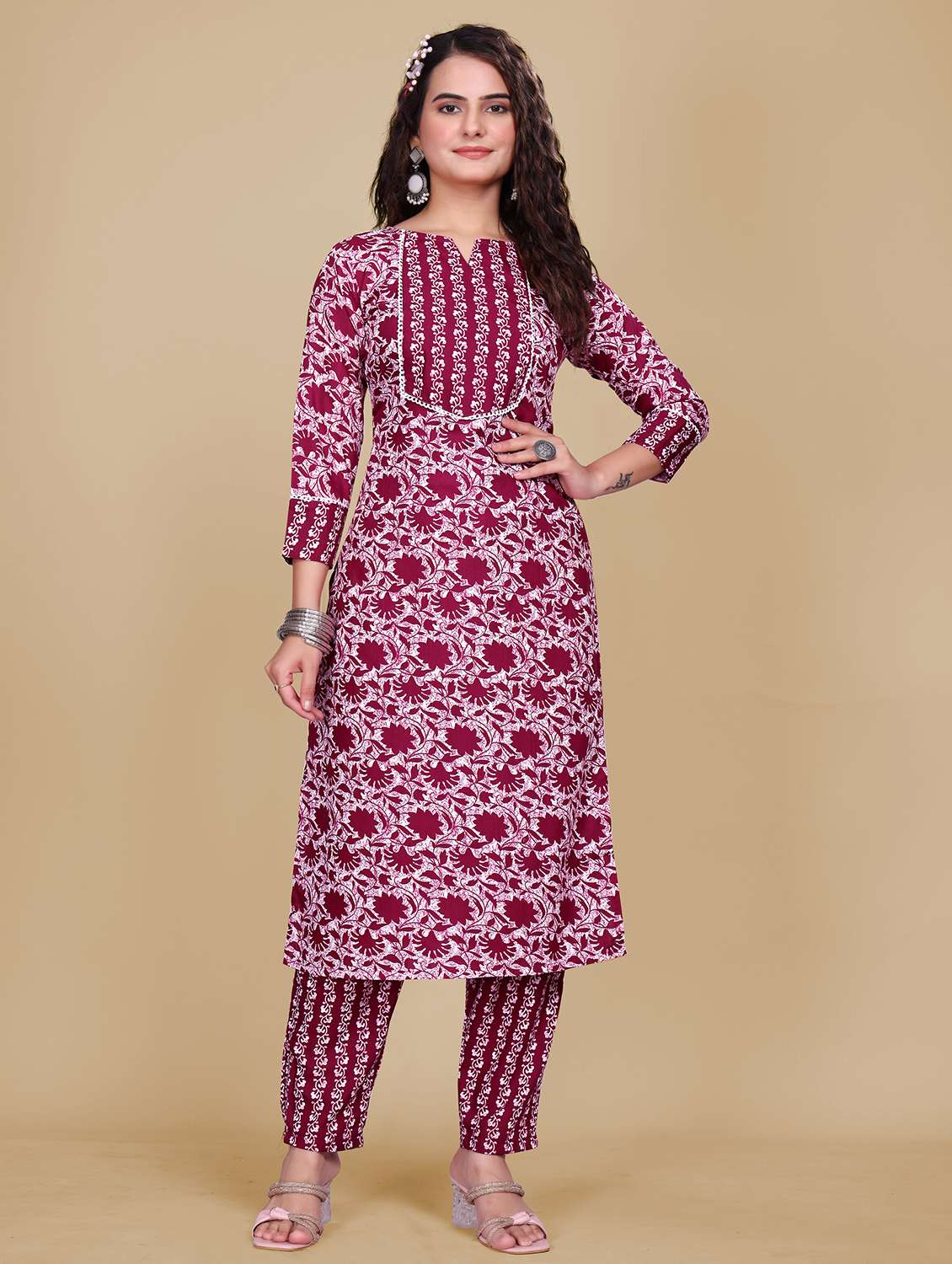 women printed three quarter sleeve kurta pant set - 21989502 -  Standard Image - 1