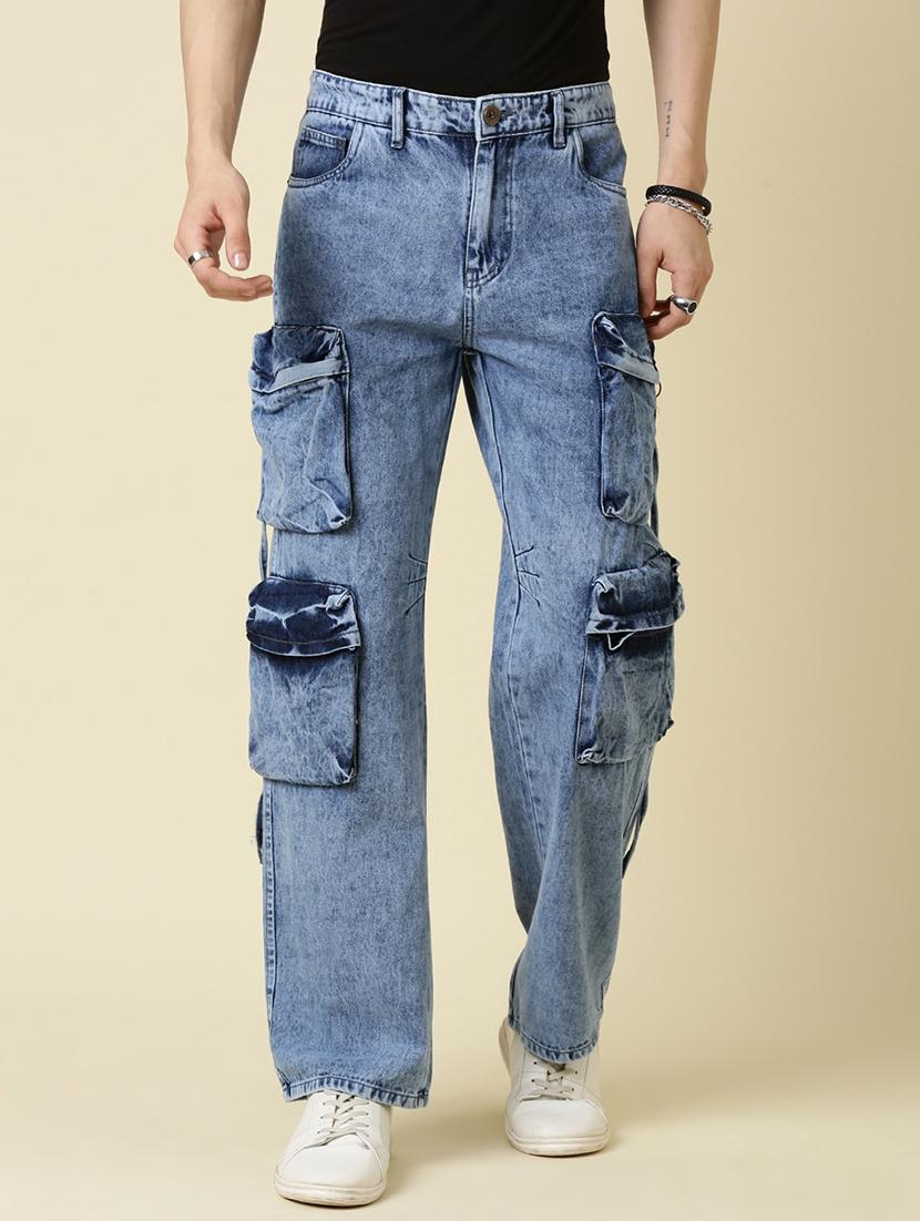 men blue washed mid rise denim cargo