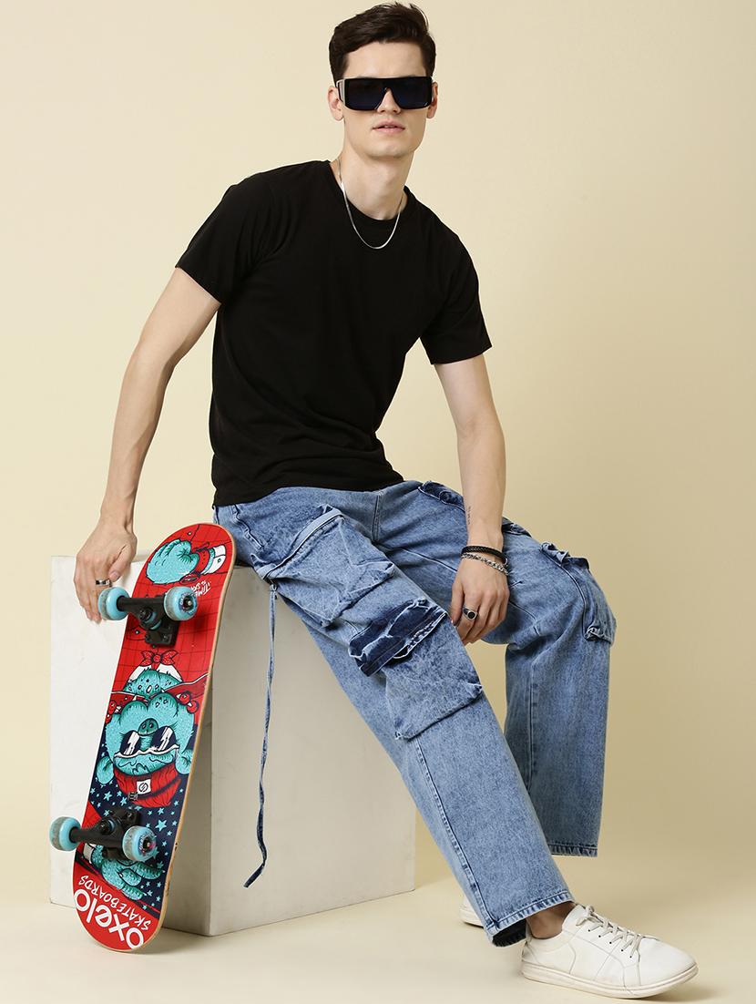 men blue washed mid rise denim cargo - 21989511 - Standard Image - 1
