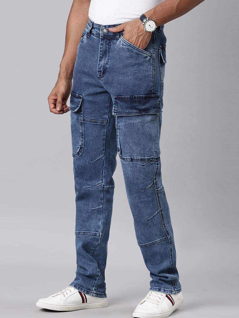 men blue washed mid rise denim cargo - 21989519 - Standard Image - 1