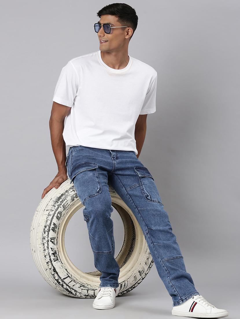 men blue washed mid rise denim cargo - 21989519 - Standard Image - 4