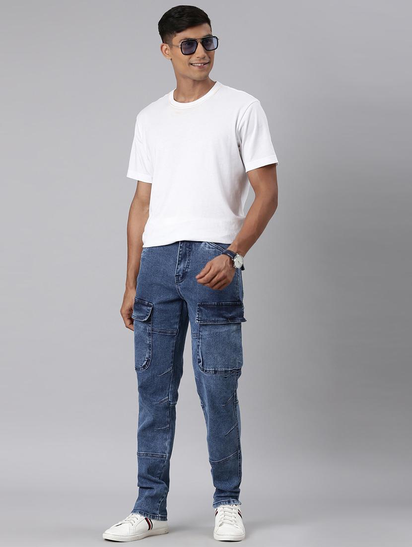 men blue washed mid rise denim cargo - 21989519 - Standard Image - 6