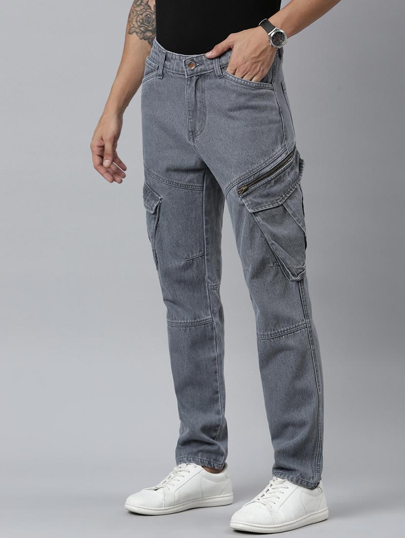 men grey solid mid rise denim cargo - 21989522 - Standard Image - 1