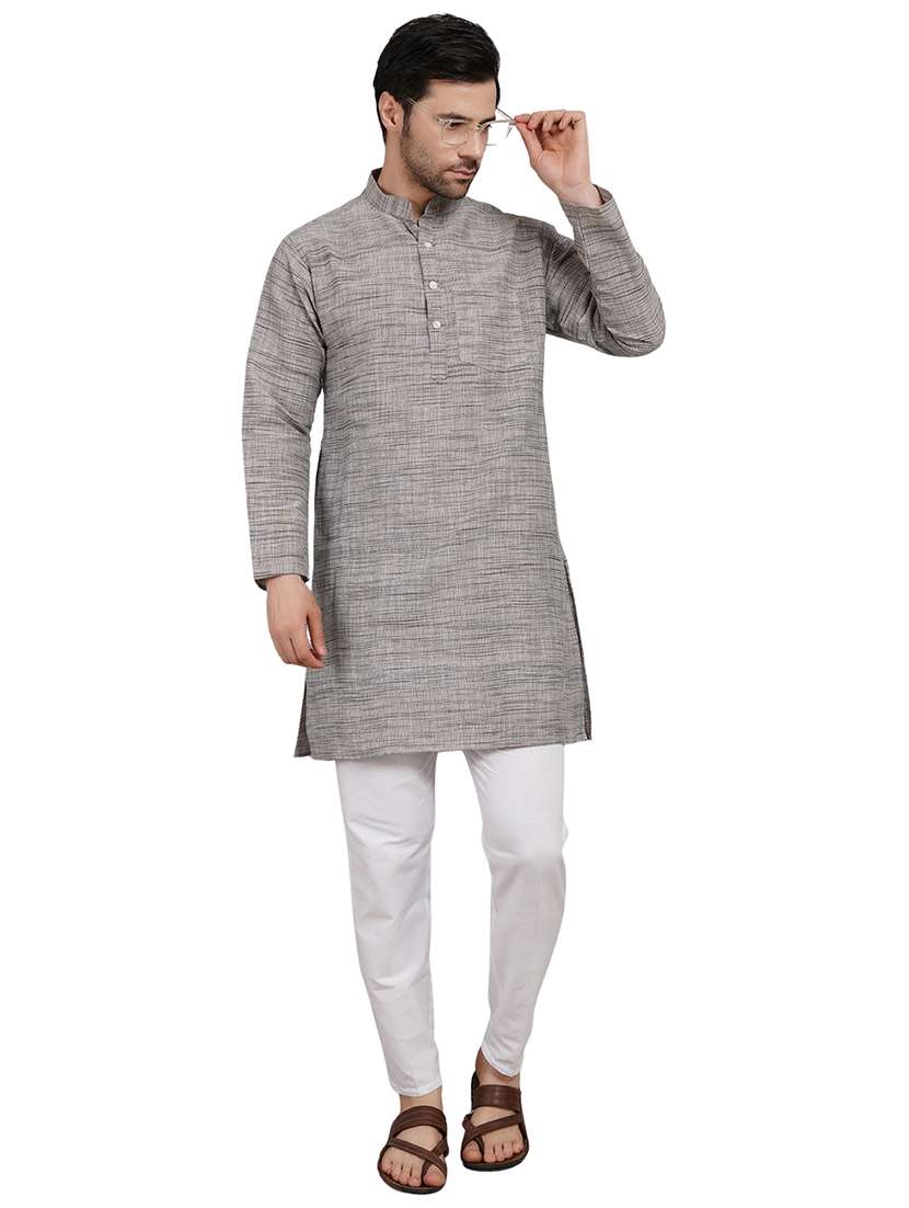 men melange mandarin neck long kurta - 21989526 - Zoom Image - 0