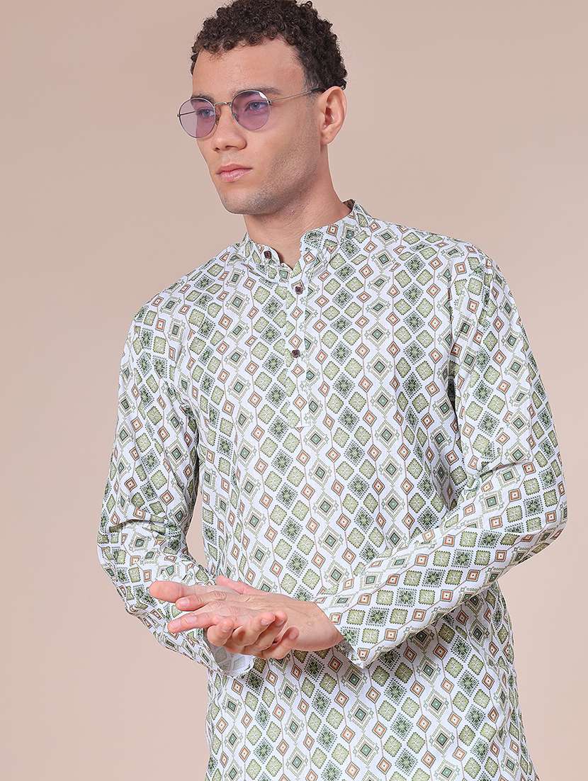 men printed mandarin neck long sleeve kurta