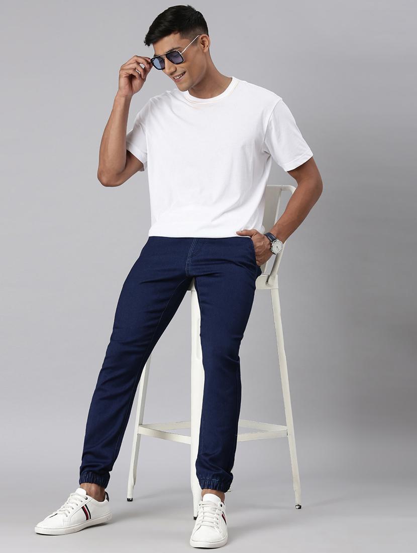 men blue solid mid rise denim jogger - 21989859 - Standard Image - 4