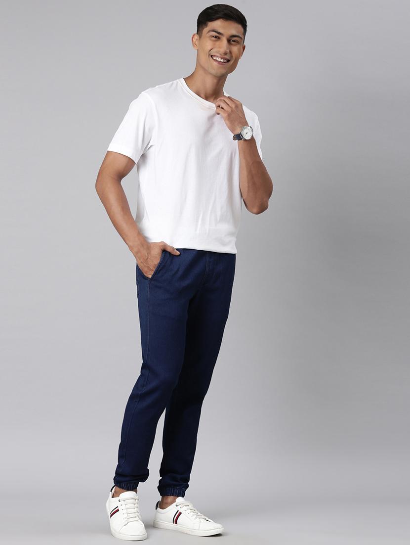 men blue solid mid rise denim jogger - 21989859 - Standard Image - 6