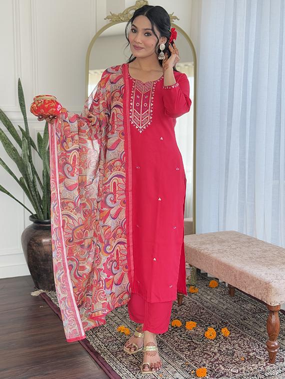 women solid with work three quarter sleeve kurta pant with dupatta set - 21989875 - Standard Image - 1