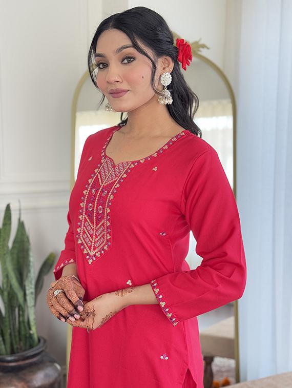 women solid with work three quarter sleeve kurta pant with dupatta set - 21989875 - Standard Image - 6