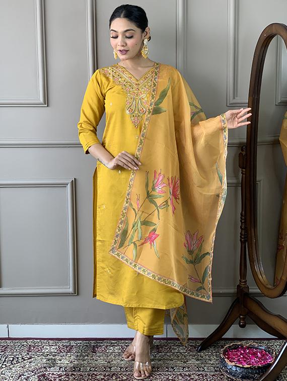 women solid with work three quarter sleeve kurta pant with dupatta set - 21989876 - Standard Image - 1