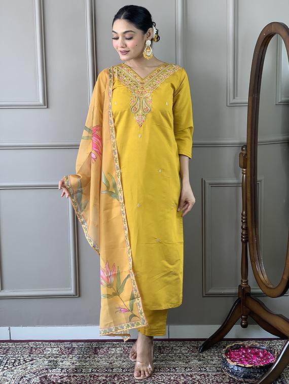 women solid with work three quarter sleeve kurta pant with dupatta set - 21989876 - Standard Image - 4