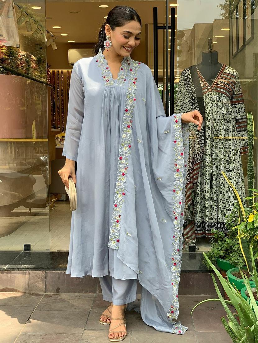women solid with work long sleeve kurta pant with dupatta set - 21989879 - Standard Image - 1