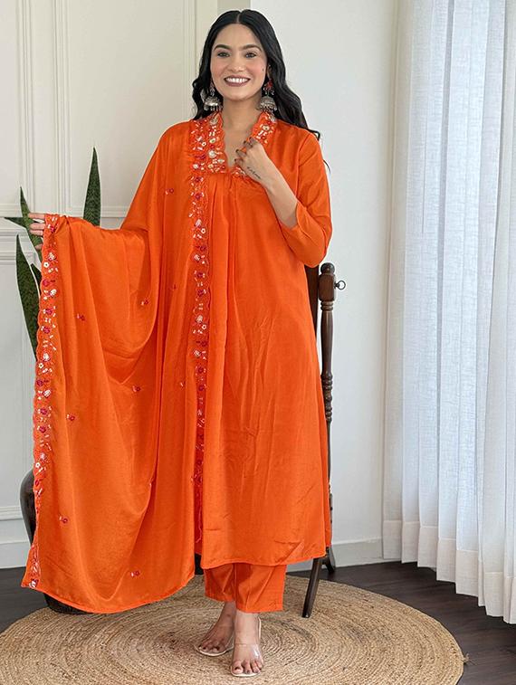 women solid with work long sleeve kurta pant with dupatta set - 21989880 - Standard Image - 1