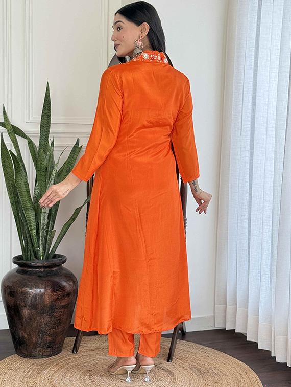 women solid with work long sleeve kurta pant with dupatta set - 21989880 - Standard Image - 4