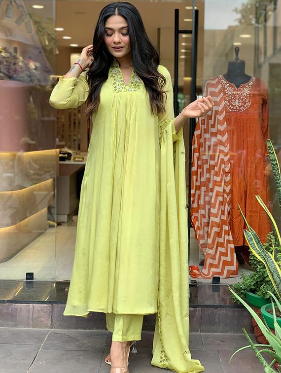 women solid with work long sleeve kurta pant with dupatta set - 21989881 - Standard Image - 1
