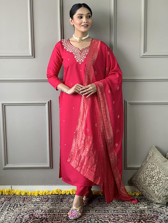 women solid with work three quarter sleeve kurta pant with dupatta set - 21989883 - Standard Image - 1