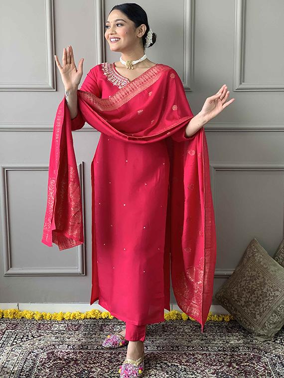 women solid with work three quarter sleeve kurta pant with dupatta set - 21989883 - Standard Image - 4