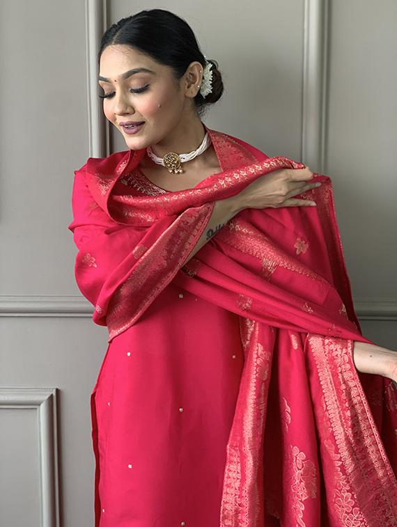 women solid with work three quarter sleeve kurta pant with dupatta set - 21989883 - Standard Image - 6