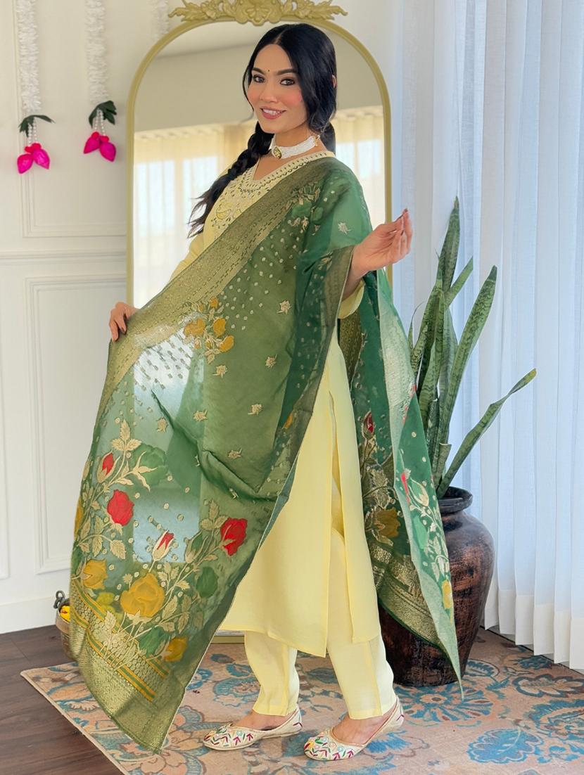 women solid with work three quarter sleeve kurta pant with dupatta set - 21989889 - Standard Image - 1