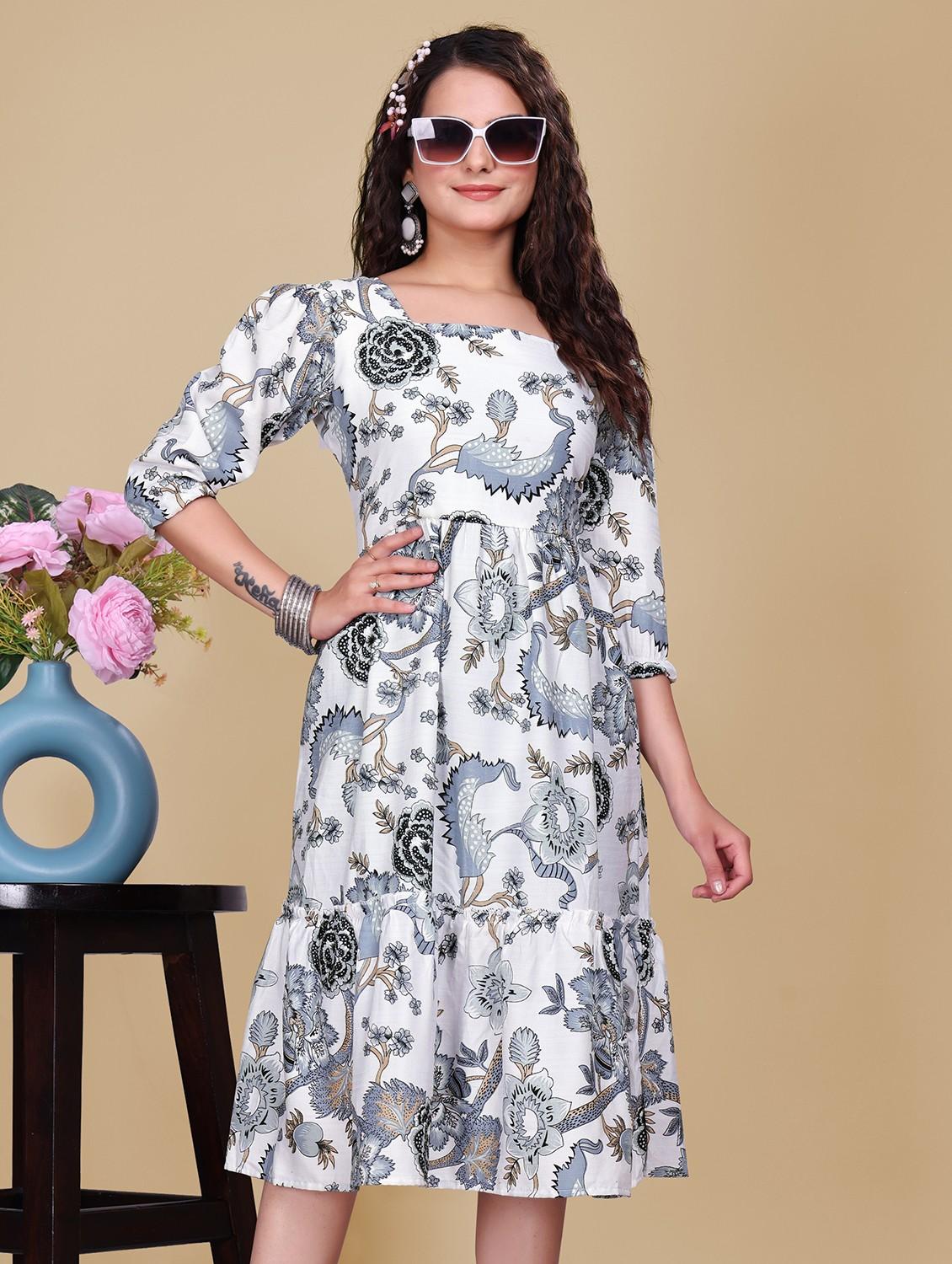 women printed puff sleeve tiered dress - 21990752 -  Standard Image - 1