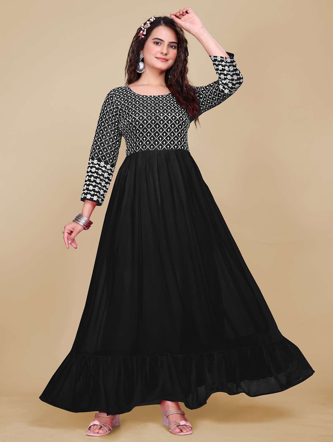 women solid with work fit & flare stitched gown - 21990759 -  Standard Image - 1