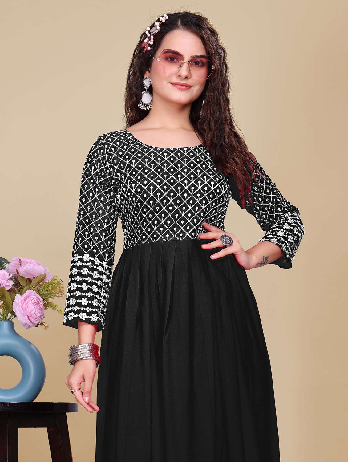 women solid with work fit & flare stitched gown - 21990759 -  Standard Image - 4