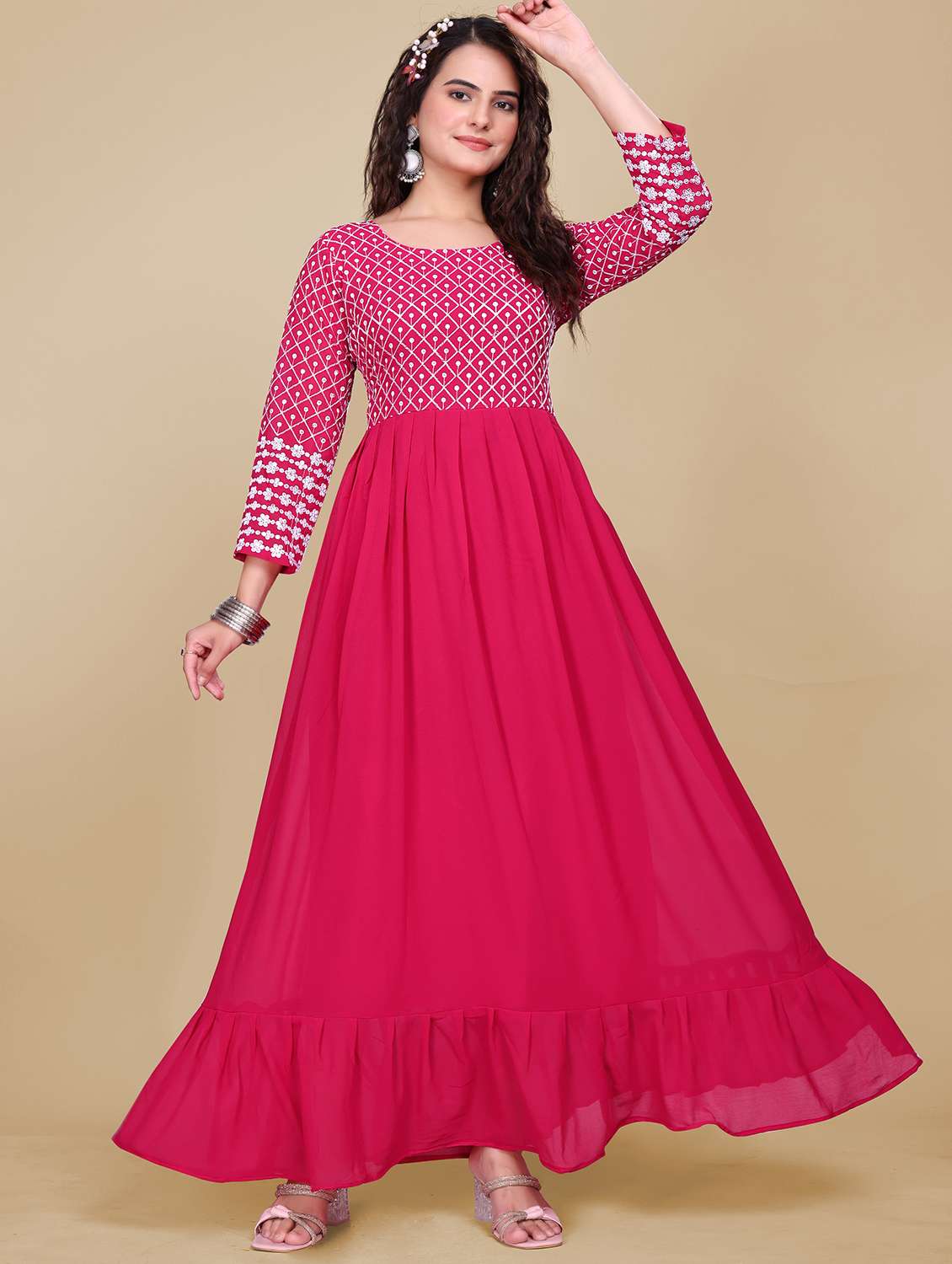 women solid with work fit & flare stitched gown - 21990760 -  Standard Image - 1