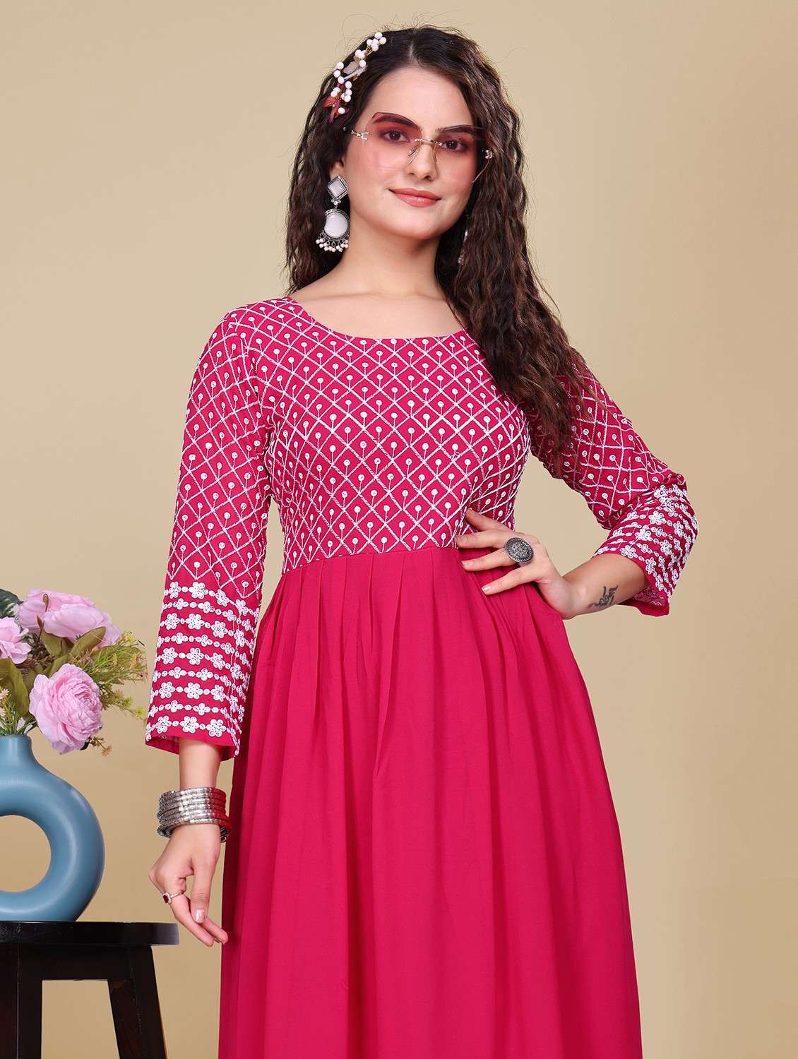 women solid with work fit & flare stitched gown - 21990760 -  Standard Image - 4