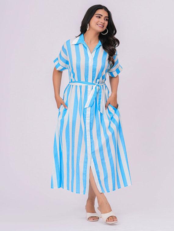 women striped collared belted shirt dress - 21990789 -  Standard Image - 1