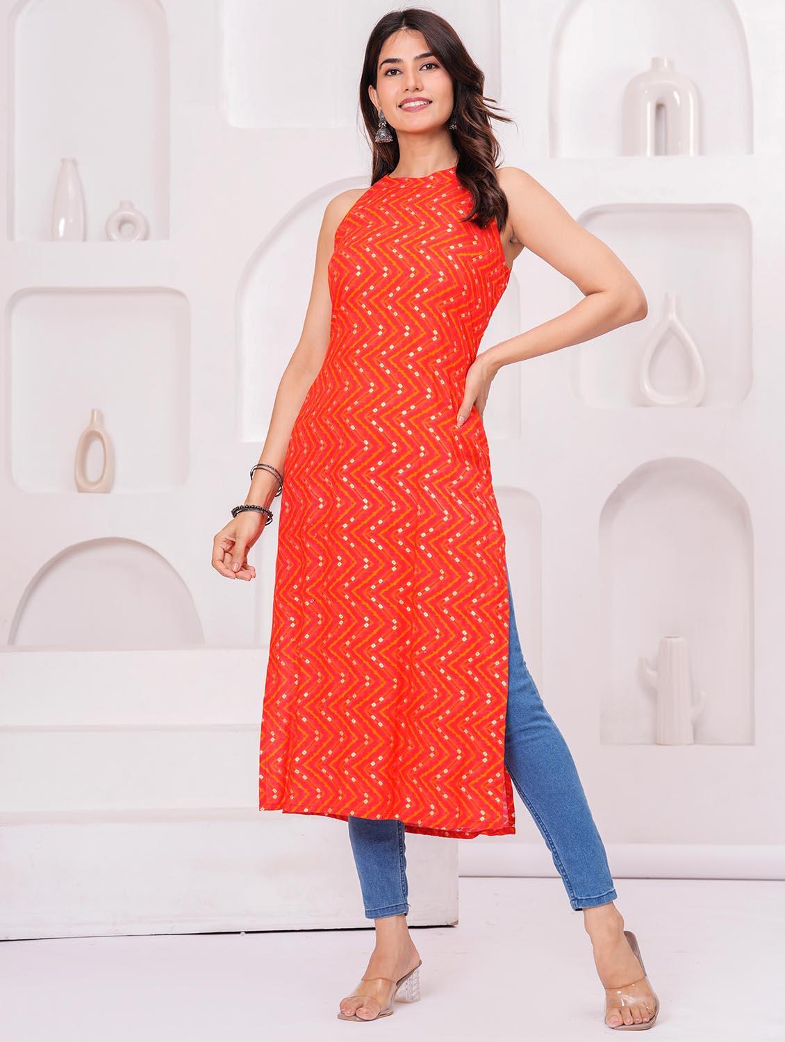 women chevron printed halter neck straight kurta - 21991090 - Standard Image - 4