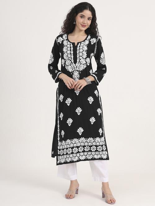 women solid with work long sleeve chikankari kurta - 21991099 -  Standard Image - 0