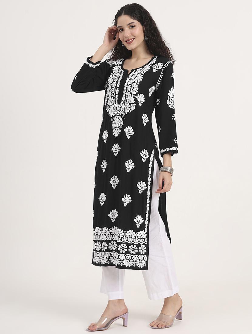 women solid with work long sleeve chikankari kurta - 21991099 -  Standard Image - 1