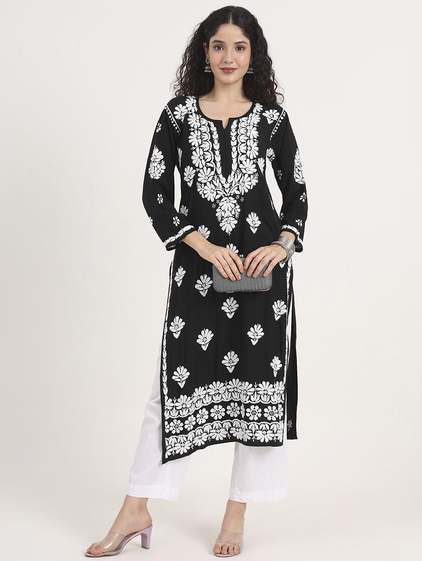 women solid with work long sleeve chikankari kurta - 21991099 - Standard Image - 4