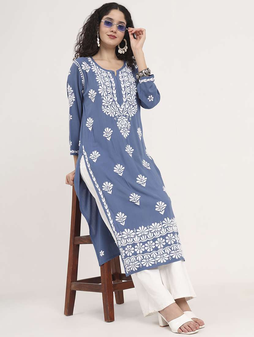 women solid with work long sleeve chikankari kurta - 21991100 -  Standard Image - 1
