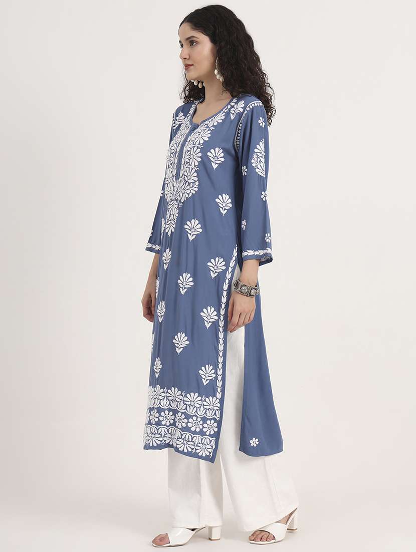 women solid with work long sleeve chikankari kurta - 21991100 - Standard Image - 4