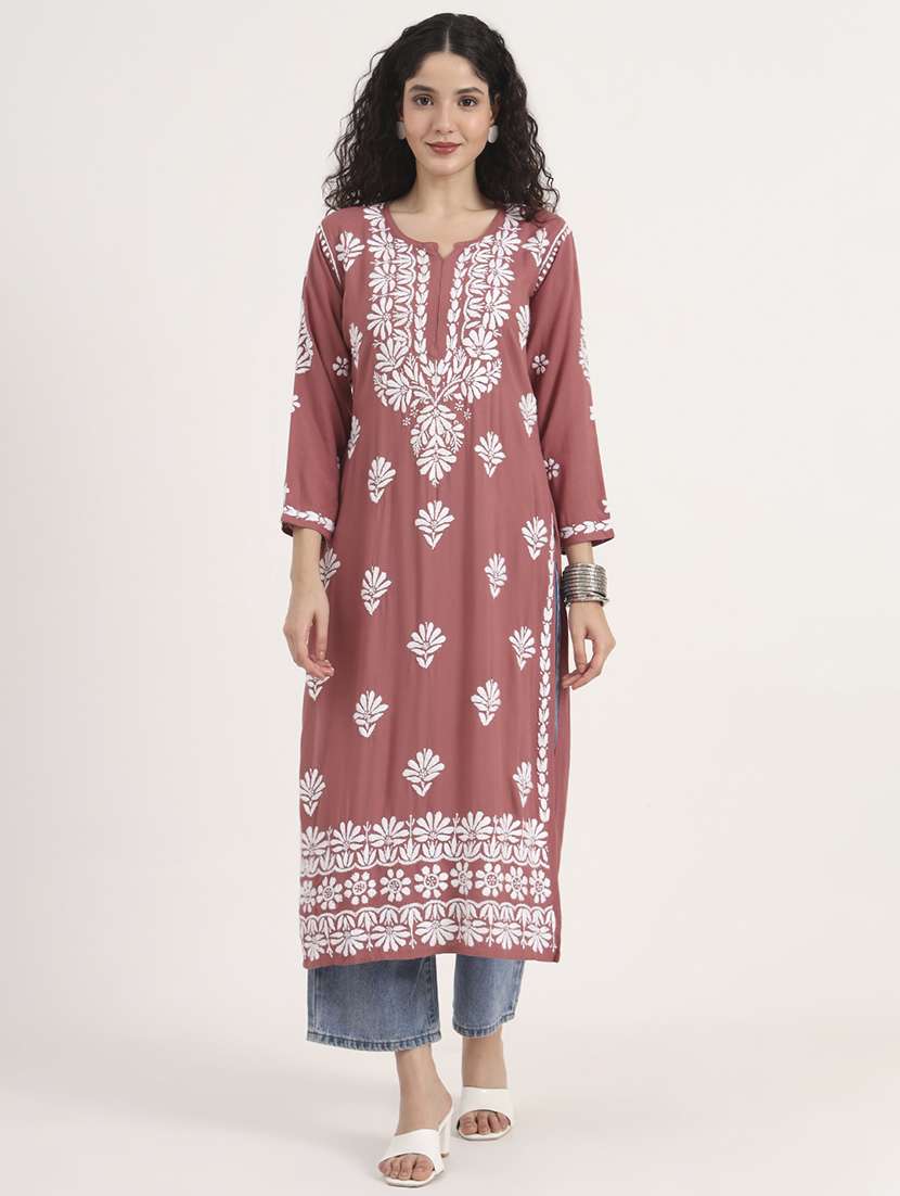 women solid with work long sleeve chikankari kurta - 21991102 -  Standard Image - 1