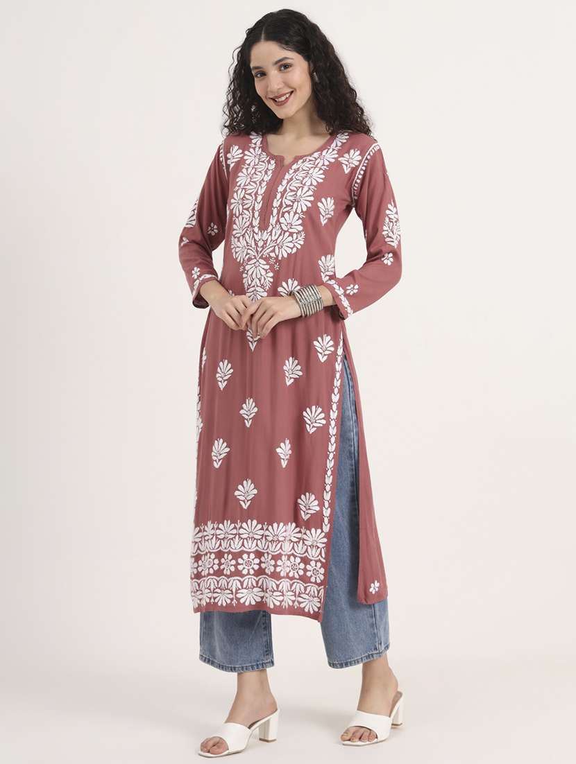 women solid with work long sleeve chikankari kurta - 21991102 - Standard Image - 4