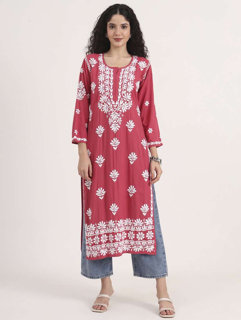 women solid with work long sleeve chikankari kurta - 21991103 - Standard Image - 1