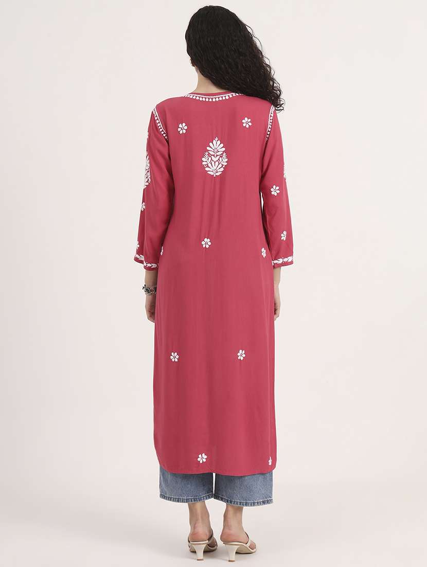 women solid with work long sleeve chikankari kurta - 21991103 - Standard Image - 4