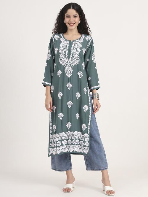 women solid with work long sleeve chikankari kurta - 21991104 - Standard Image - 0