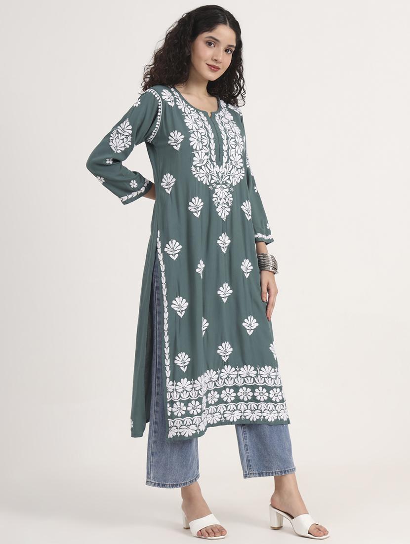 women solid with work long sleeve chikankari kurta - 21991104 - Standard Image - 1