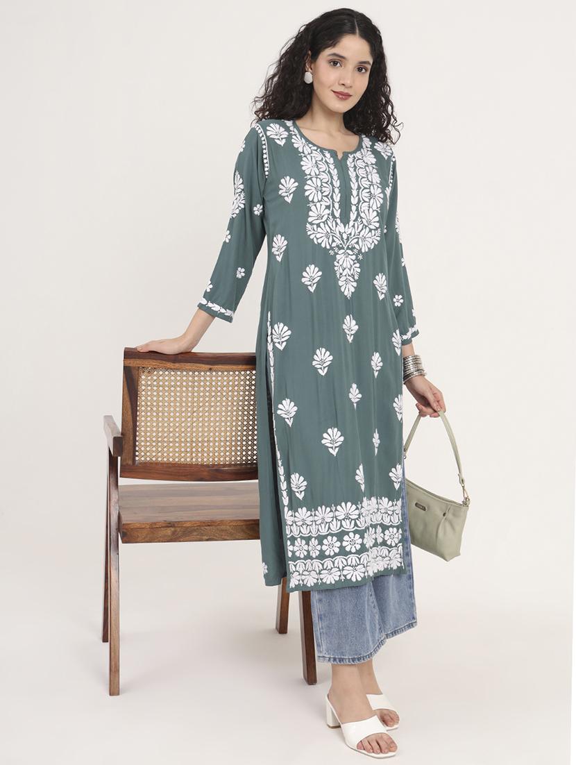 women solid with work long sleeve chikankari kurta - 21991104 - Standard Image - 4