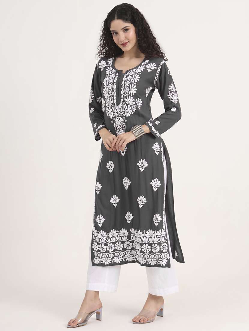 women solid with work long sleeve chikankari kurta - 21991105 -  Standard Image - 1