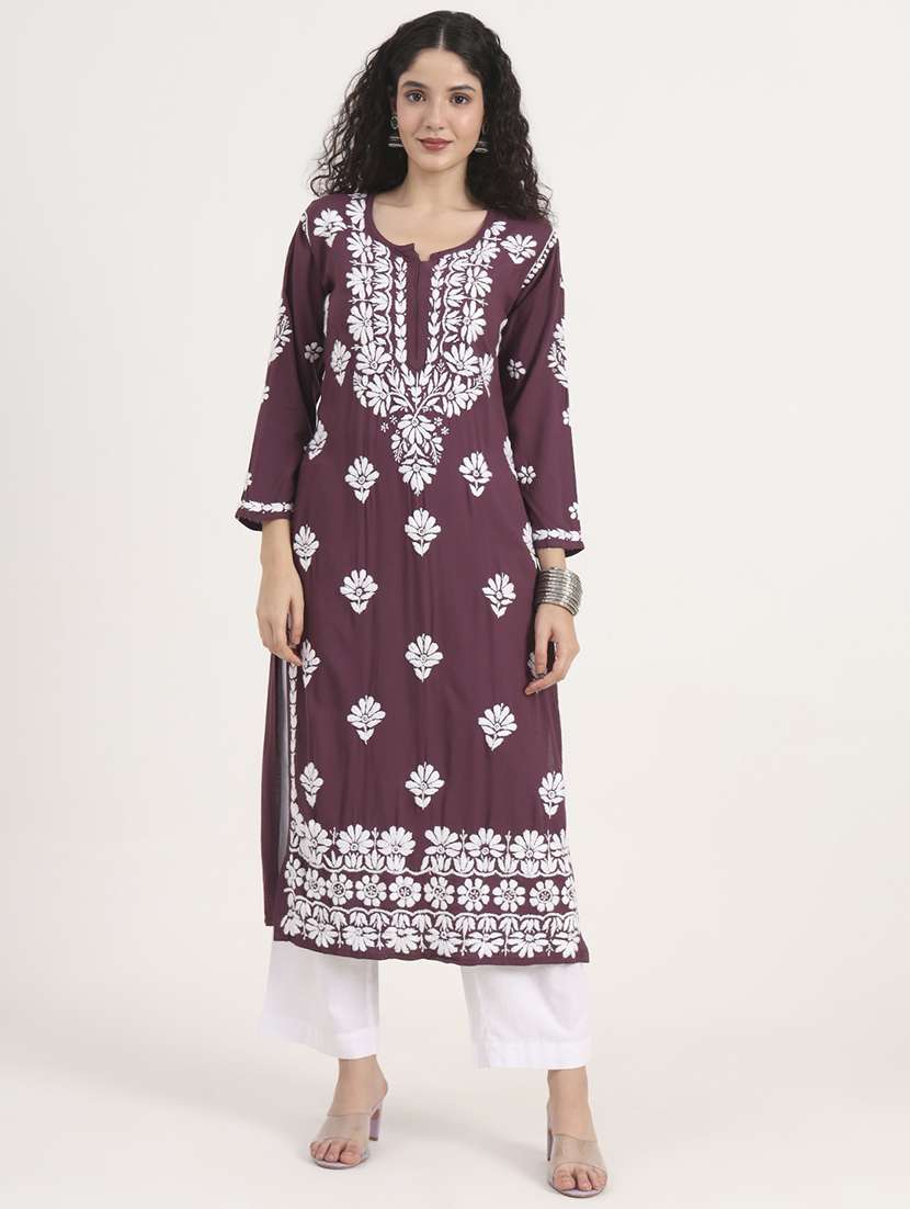 women solid with work long sleeve chikankari kurta - 21991107 -  Standard Image - 1