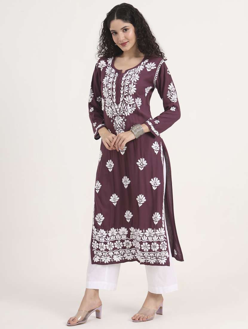 women solid with work long sleeve chikankari kurta - 21991107 -  Standard Image - 4