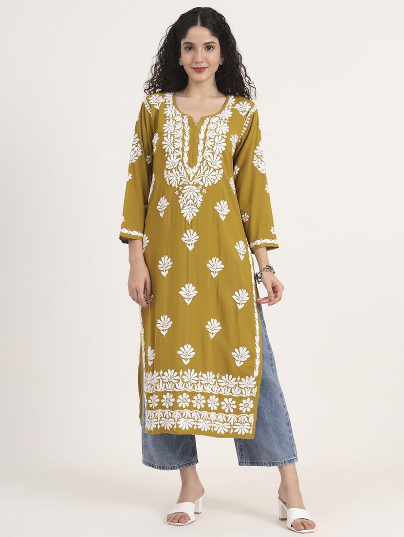 women solid with work long sleeve chikankari kurta - 21991108 -  Standard Image - 1