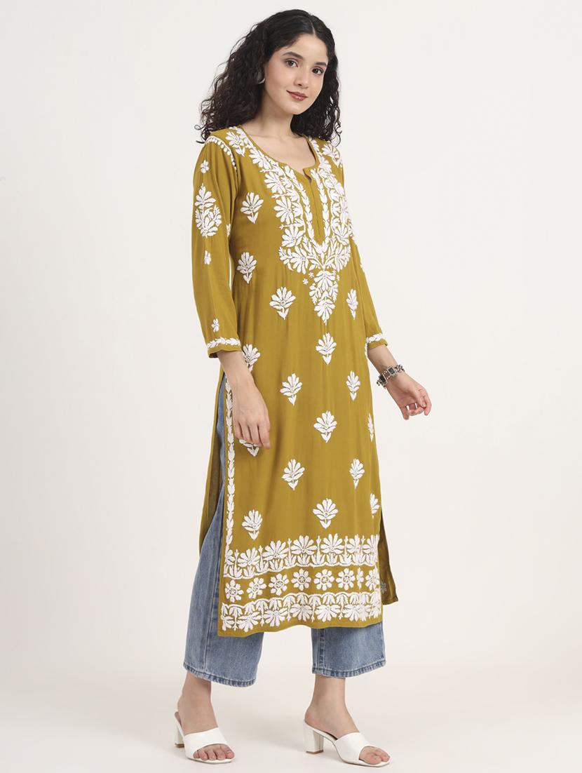women solid with work long sleeve chikankari kurta - 21991108 - Standard Image - 4