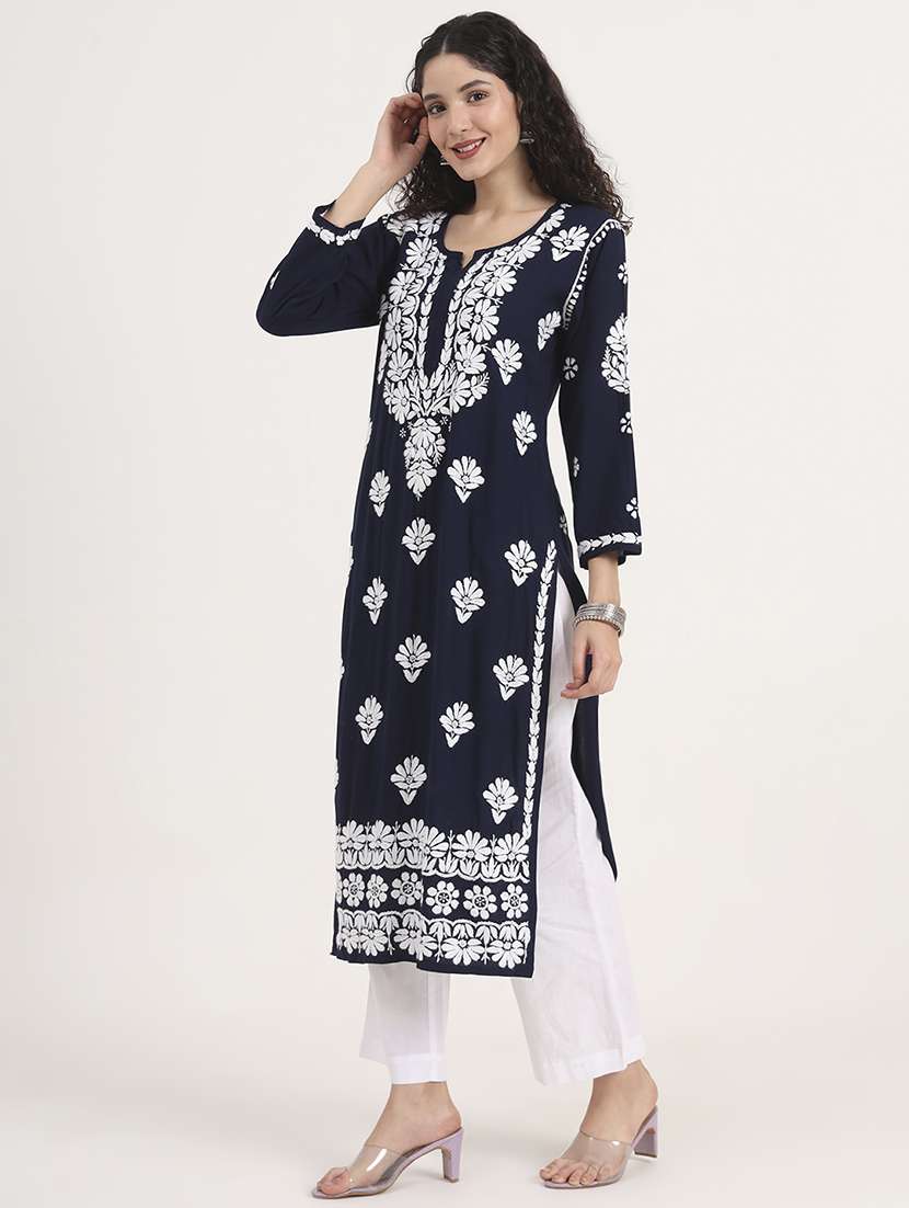 women solid with work long sleeve chikankari kurta - 21991109 - Standard Image - 1