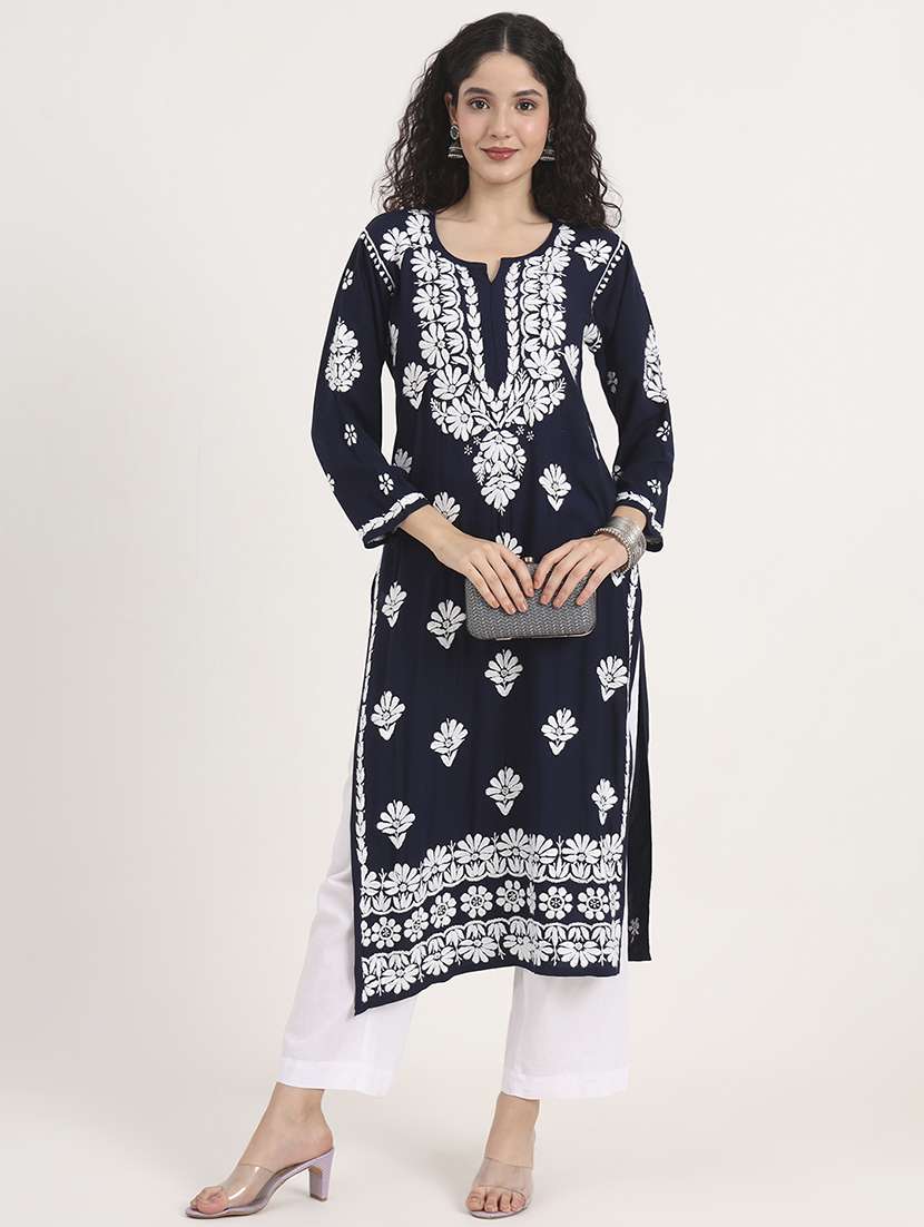 women solid with work long sleeve chikankari kurta - 21991109 - Standard Image - 4
