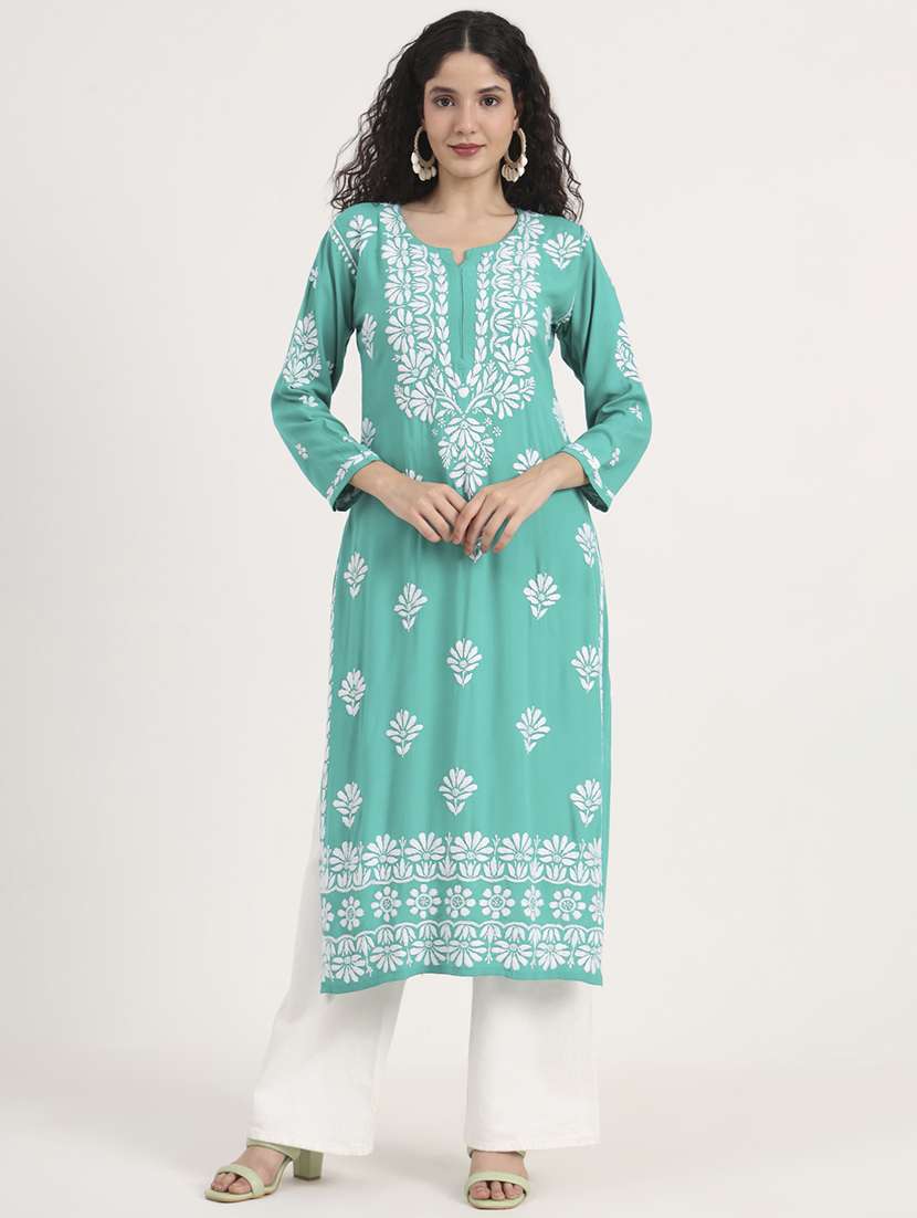 women solid with work long sleeve chikankari kurta - 21991110 - Standard Image - 1